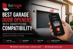 Modern home with a smartphone controlling a smart garage door remotely, illustrating garage door openers with smartphone compatibility. Bel-Ingle Garage Doors serving Essex, London and Kent.